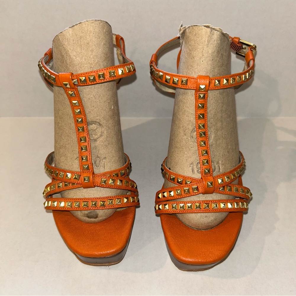 Michael Kors Alexi Orange Leather Gold Stud Platform Wedge Sandals, 6.5